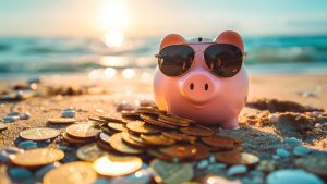 Pink piggy bank wearing sunglasses on a beach with coins, sunset in background. Concept of saving for vacation, financial freedom, and retirement planning.
